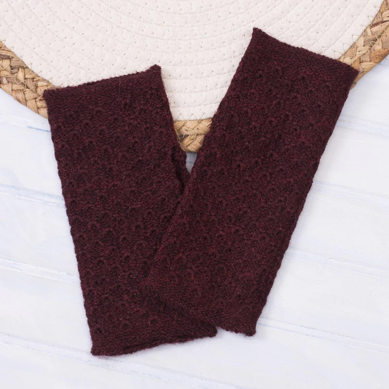 ---Passionate Pattern in Maroon Patterned 100% Baby Alpaca Fingerless Mitts in Maroon