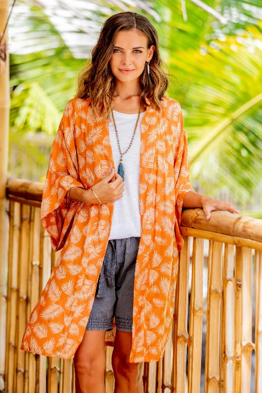 ---Windy Beach in Orange Balinese Rayon Print Robe in Ivory and Orange