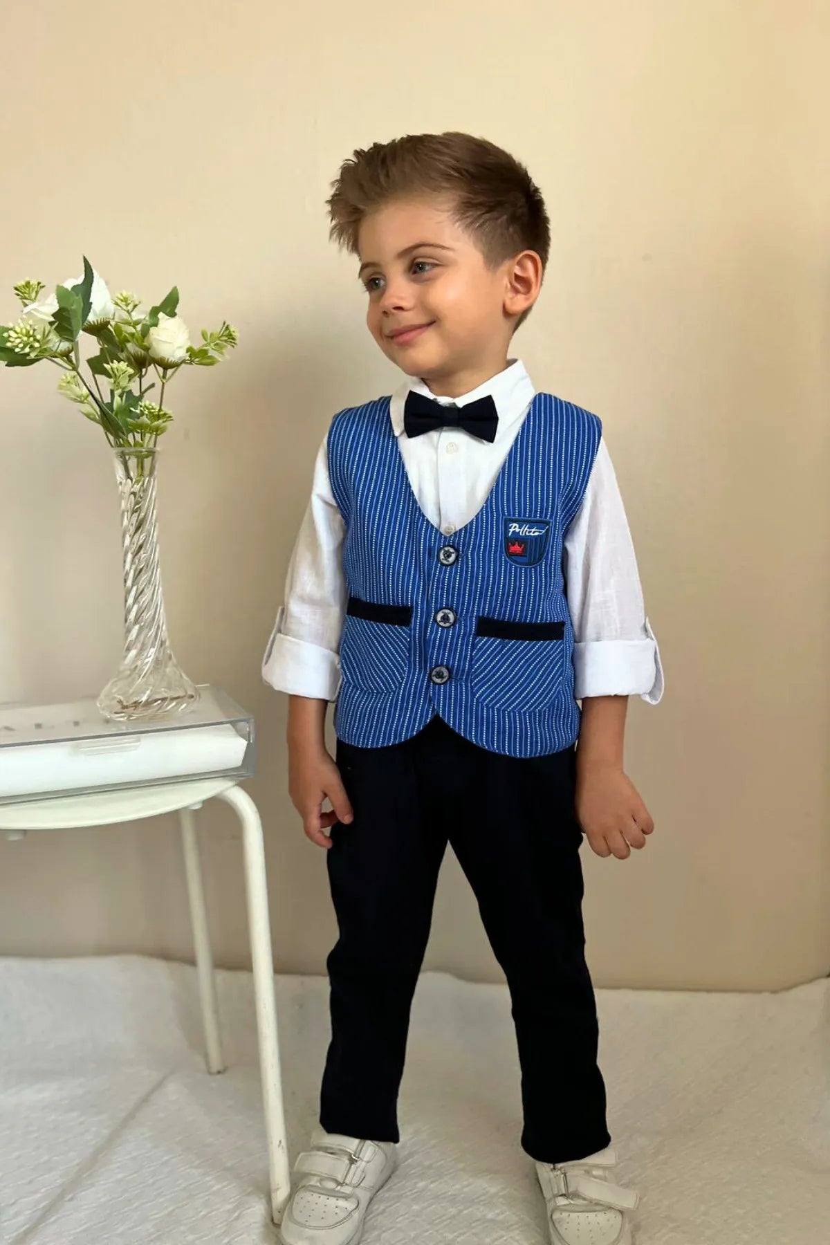 - Car dog seat beltPollito Boy's Striped Indigo Navy Blue Two Pocket Vest 4-Piece Suit