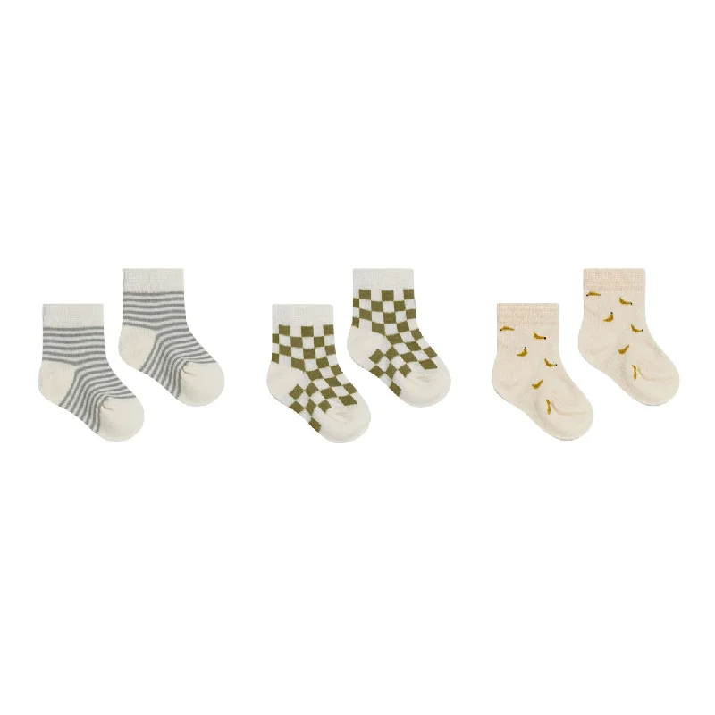 ---Rylee and Cru  Pool Stripe, Olive Check, Bananas Printed Socks