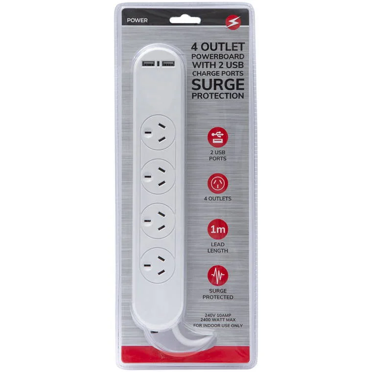 ---4 Outlet 2 USB Powerboard w/ Surge Protection