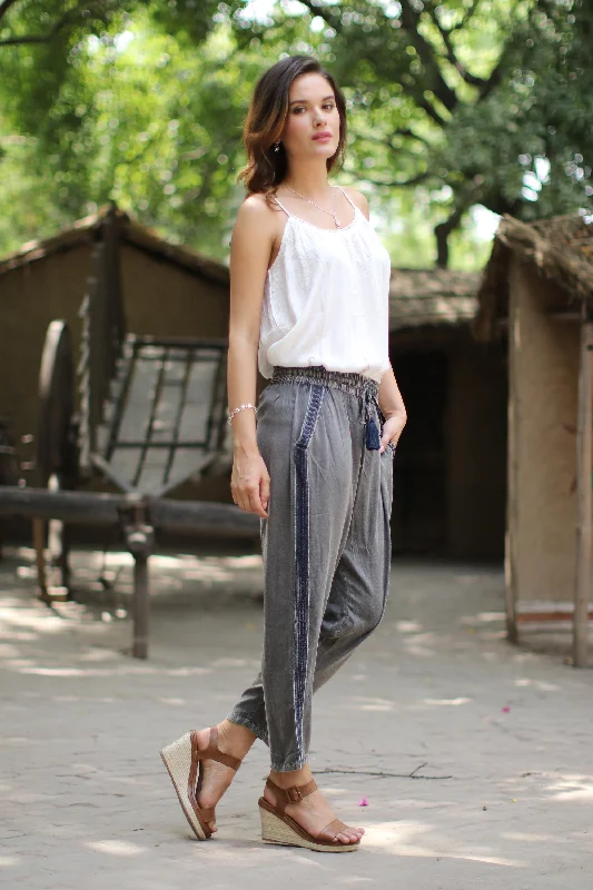 - Air box TSA certified check-inNavy Sophistication Dusty Grey Viscose Pants with Navy Stripes from India