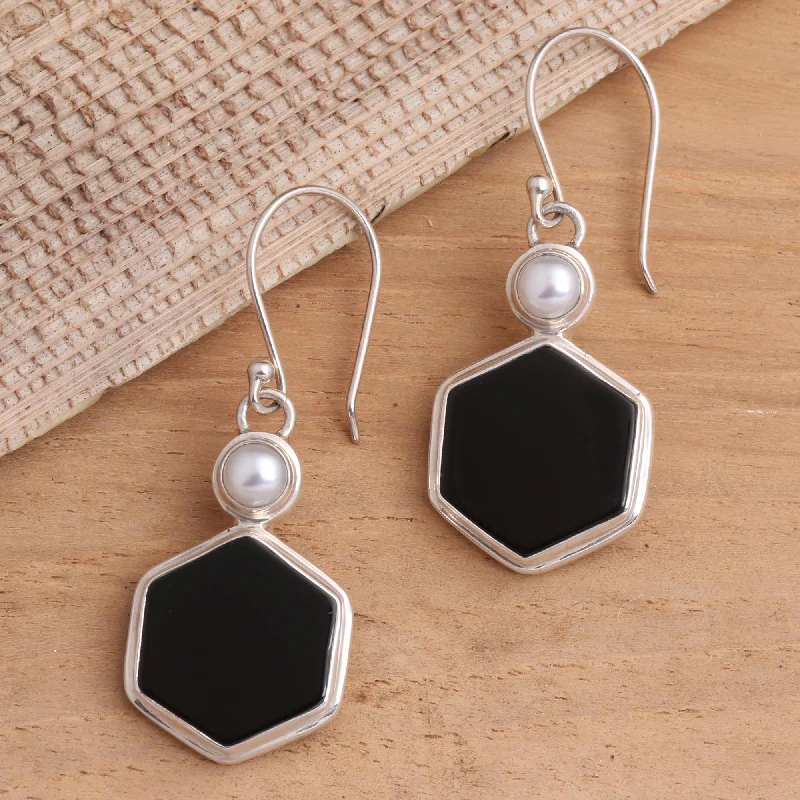 - Foldable and portable cat bagLight and Dark Hexagons Onyx and Cultured Pearl Hexagonal Dangle Earrings from Bali