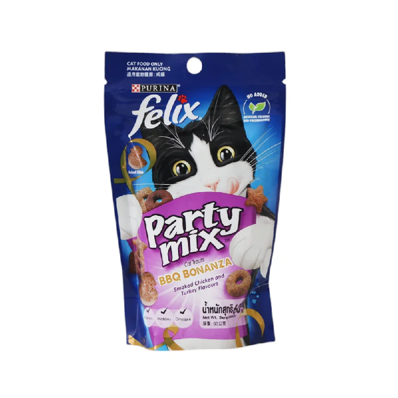    - Hairball control cat food  PURINA FELIX CAT FOOD PARTY MIX BBQ BONANZA 60G