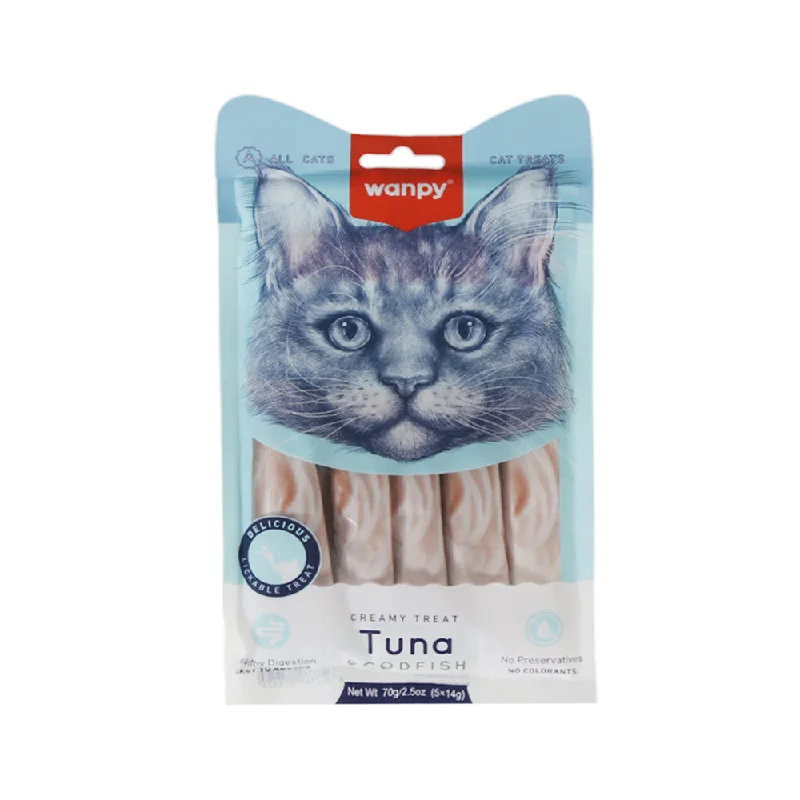    - Grain-free cat food recommendations  WANPY ADULT CAT CREAMY LICKABLE TREAT TUNA & CODFISH POUCH 7