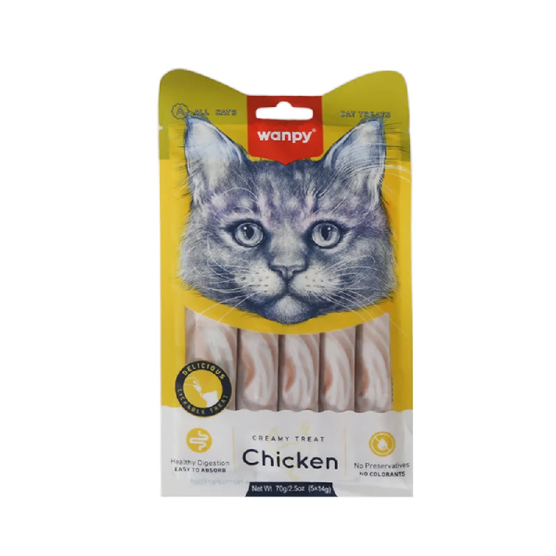    - Chicken flavor cat food  WANPY ADULT CAT CREAMY LICKABLE TREATS CHICKEN POUCH 70 GM