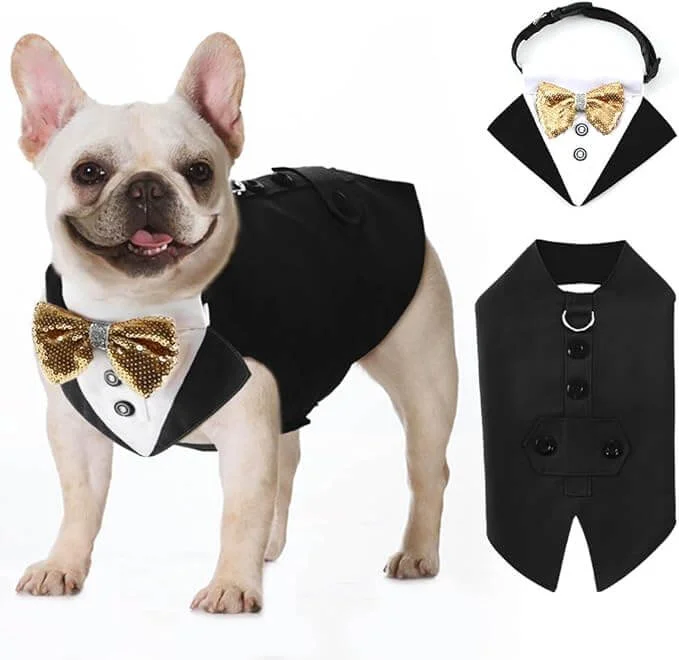 Pet retro style clothesKUTKUT Dog Tuxedo, Detailed Dog Tuxedo for Small Dogs with Exquisite Stitching, Stylish Dog Wedding Bandana Set for Wedding, Festival, Birthday etc (Black)